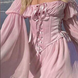 Pretty pink corset ribbon off shoulder mini dress